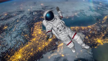 Astronot Dünya 'ya çarpıyor. Nasa tarafından döşenmiş bu videonun elementleri. 3d oluşturma