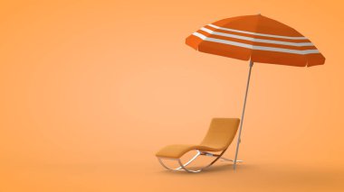 Kumsal güvertesi koltuğu ve şemsiyesi kum zemininde, 3 boyutlu görüntüleme.