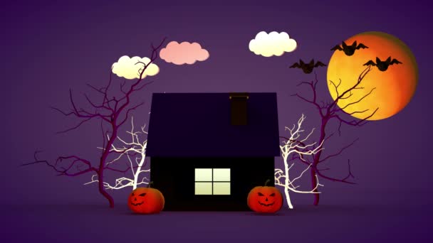 万圣节假期的概念 一个有南瓜和有趣的鬼魂的小房子 3D渲染 — 图库视频影像
