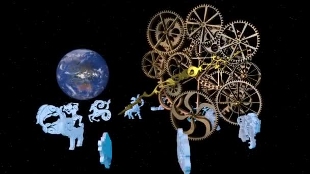 Zodiac Yıldız Falı Burç Bir Saat Mekanizması Görüntüleme — Stok video