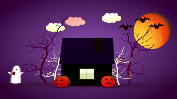 Halloween-Urlaubskonzept. Ein kleines Haus mit Kürbissen und einem lustigen Gespenst. 3D-Rendering — Stockvideo