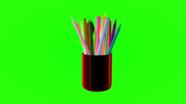 Verre Rotatif Avec Crayons Couleur Sur Fond Vert Rendu — Video