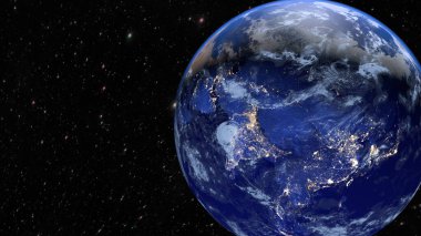 Dünya gezegeni. Asya, Hindistan ve Çin şehirlerinin ışıltısı. 3B görüntüleme.