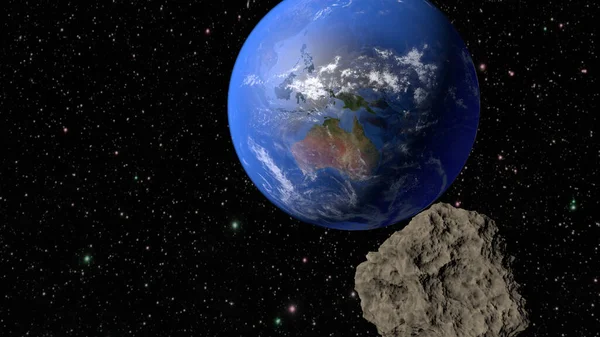 Planet Earth, continent Australia and meteorite flying to it. 3D rendering.