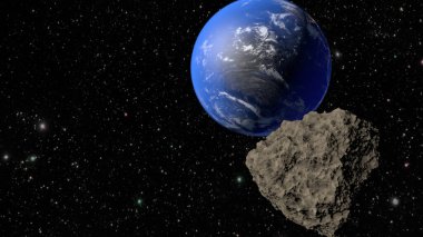 Dünya gezegenleri ve ona doğru uçan bir göktaşı. 3B görüntüleme.