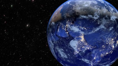 Dünya gezegeni. Asya, Hindistan ve Çin şehirlerinin ışıltısı. 3B görüntüleme.