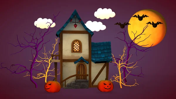 Halloween Holiday Concept Small House Pumpkins Funny Ghost Rendering — Stock Photo, Image