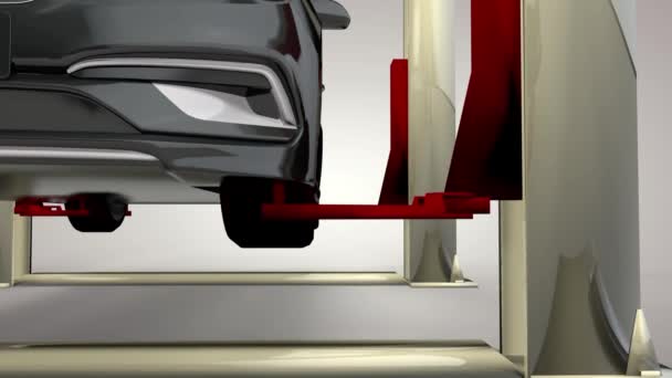リフト上のワークショップで近代的な車 3Dレンダリング — ストック動画