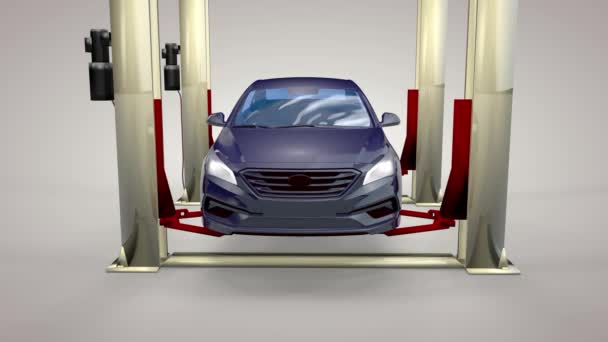 Сучасний автомобіль у майстерні на ліфті. 3D візуалізація — стокове відео