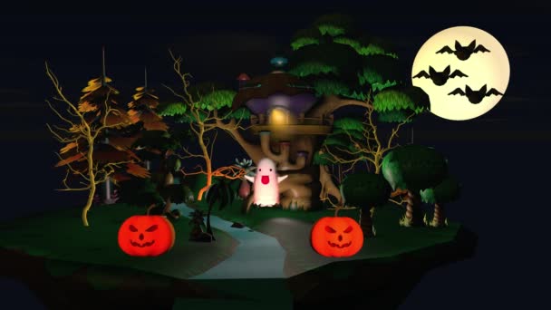 Conceito de férias de Halloween. Uma casa pequena com abóboras e um fantasma engraçado. Renderização 3D — Vídeo de Stock