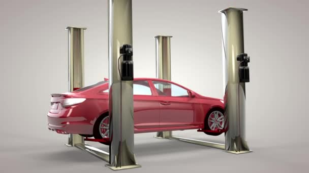 Modern autó egy műhelyben egy liftben. Zöld háttérrel. 3D renderelés — Stock videók