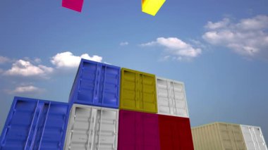 Bulutlu bir gökyüzünün altında kargo konteynırları. 3B görüntüleme