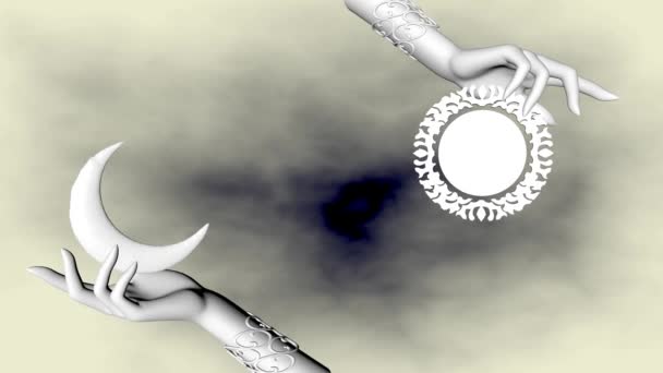 Éjjel-nappal, a nap és a hold női kezekben. 3D renderelés — Stock videók