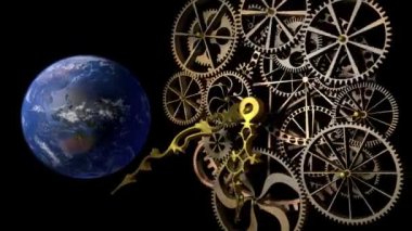 Klasik saat mekanizması ve Dünya gezegeni, sonsuz hareket konsepti. 3B görüntüleme