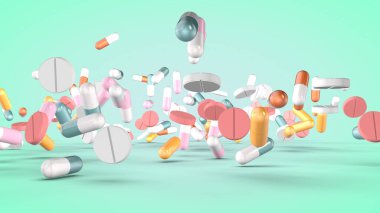 Çeşitli haplar ve kapsüller. 3B görüntüleme.