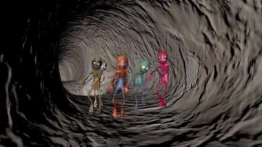 Çok renkli çizgi film zombileriyle dolu bir mağara. 3B görüntüleme