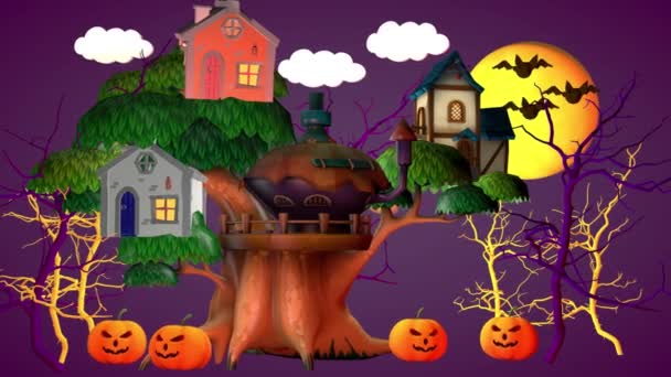 Concepto Halloween Una Casita Con Calabazas Fantasma Divertido Renderizado — Vídeos de Stock