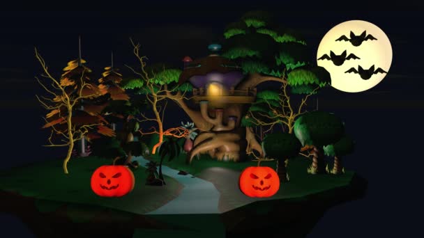 Halloween dovolená koncept. Malý domek s dýněmi a legračním duchem. 3D vykreslování