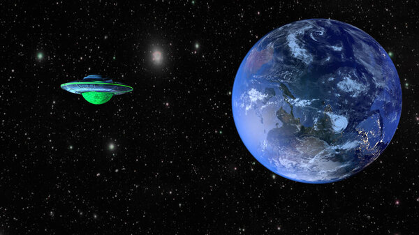 UFO and planet Earth. 3D rendering.