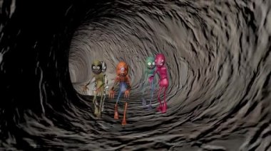 Çok renkli çizgi film zombileriyle dolu bir mağara. 3B görüntüleme