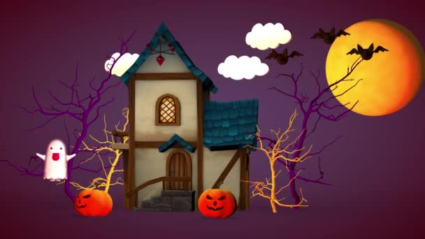 Концепція Святкових Днів Хелловін Маленький Будинок Гарбузами Смішним Привидом Візуалізація — стокове відео