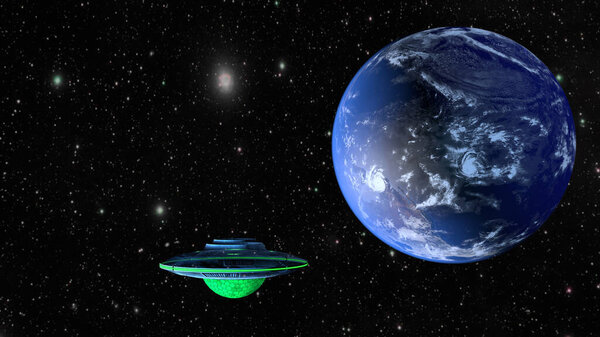 UFO and planet Earth. 3D rendering.