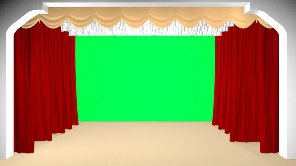 Theater curtain parted, green background. 3D rendering.