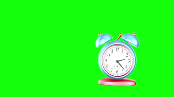 Zeit, niedlicher Wecker isoliert auf grünem Hintergrund. 3D-Rendering — Stockvideo