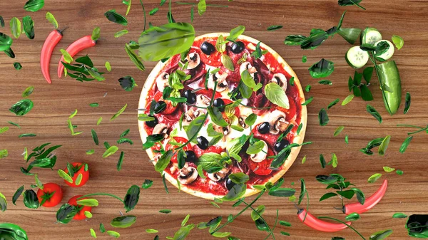 Pizza Mit Salami Und Oliven Werbehintergrund Rendering — Stockfoto