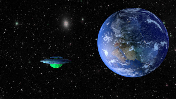 UFO and planet Earth. 3D rendering.