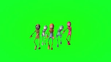 Çok renkli çizgi film zombileri olan bir mağara. Yeşil bir arka plan. Üç boyutlu.