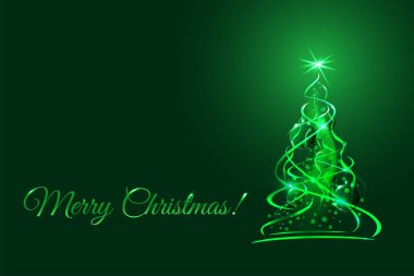 Noel ağacı, yeşil xmas köknar kızdırma şeritler, toplar ve kar taneleri ile sihirli. Vektör çizim