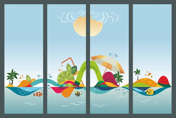 Set Travel Banners Tropical Sea Fishes Fruits Beach Sky Landscape — Stock Vector