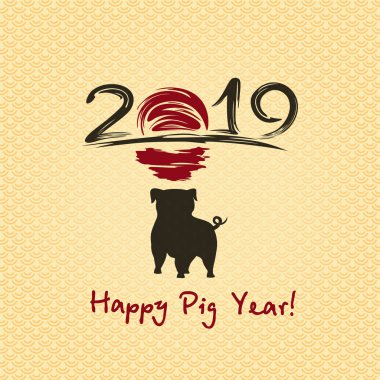 Çin yeni yıl 2019. Tebrik kartı. Domuz, geleneksel sembolü Doğu takvim ile. Resim hat. Vektör çizim