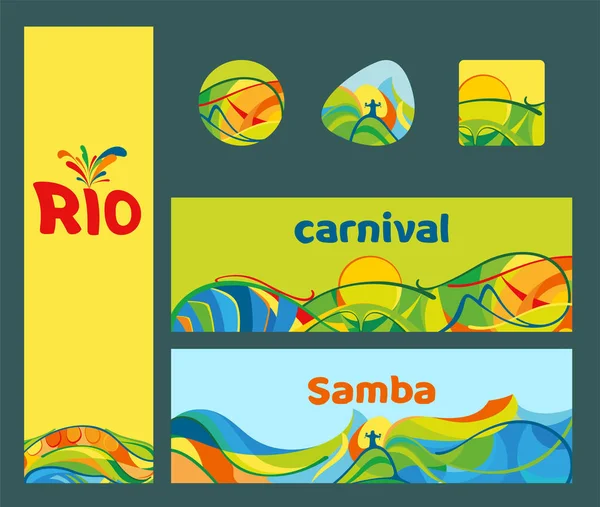 Uppsättning Banners Och Ikoner Karneval Rio Janeiro Brasilien Dans Festival — Stock vektor