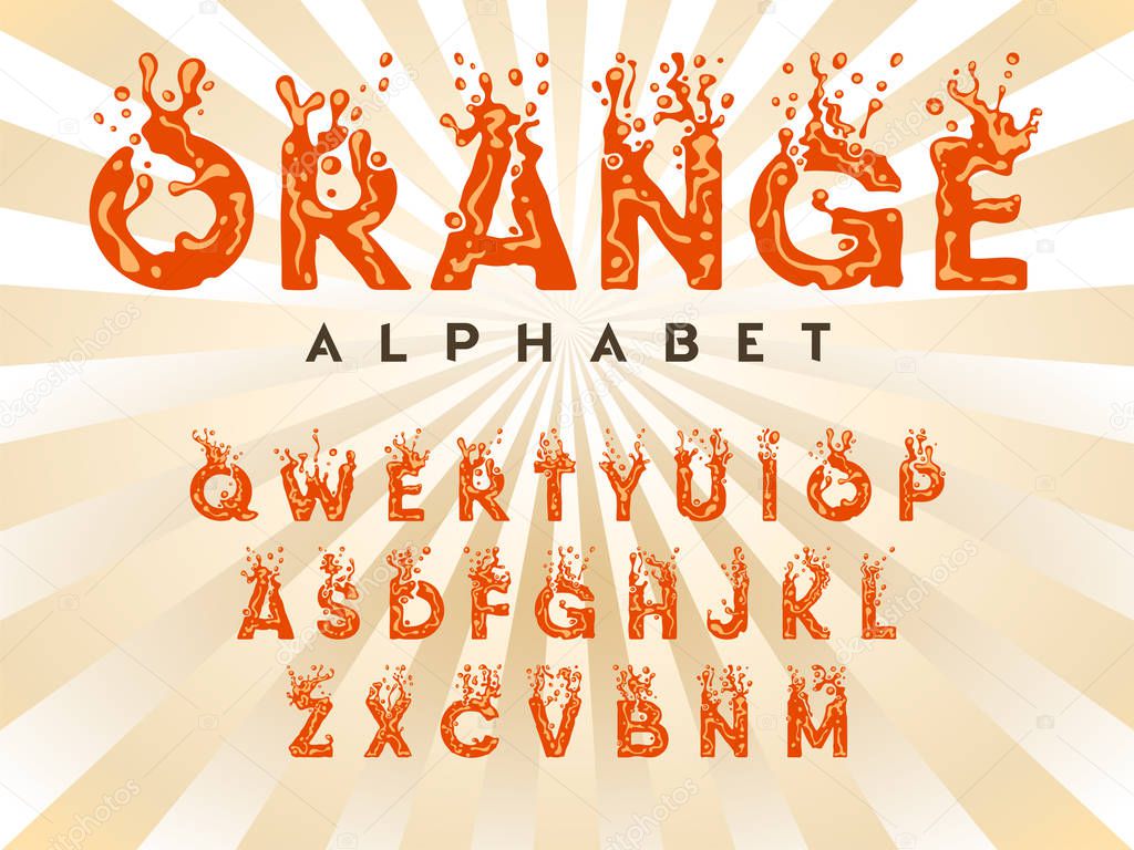 Alfabeto naranja - conjunto de letras líquidas, fuente de salpicadura ...