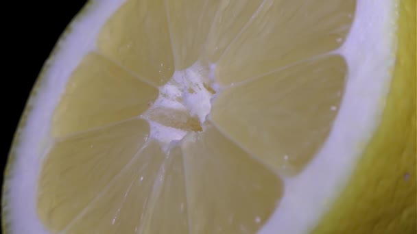 Cut Yellow Lemon Macro Close View Black Background — Stock Video