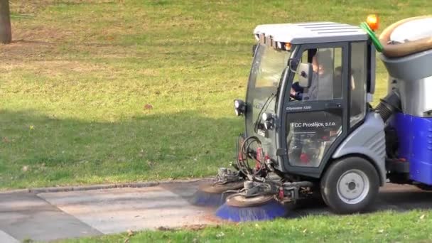 市内の春の清掃 道路労働者は通りを掃除 — ストック動画