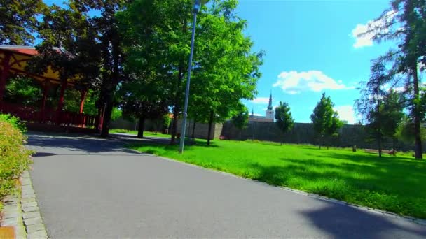 Wooden Gazebo City Park Green Trees Plants Europe Prostejov — 비디오