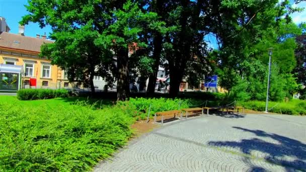 Houten Tuinhuisje Stadspark Groene Bomen Planten Europa Prostejov — Stockvideo
