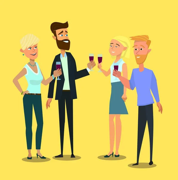 Employés d'affaires homme, femme buvant du vin lors d'une réunion d'entreprise clinking verres à vin . — Image vectorielle