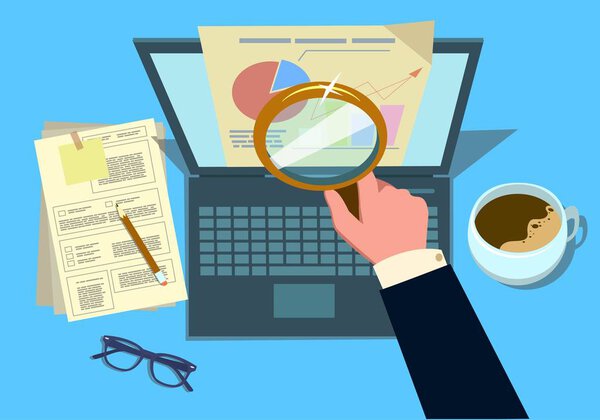 Audit research on computer vector illustration, flat cartoon paper financial report data analysis on pc.