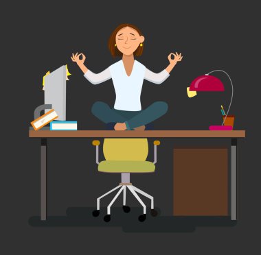 İş kadını lotus poz oda ofis ofis koltuğu üzerinde meditasyon. Vektör çizim karikatür tarzı.