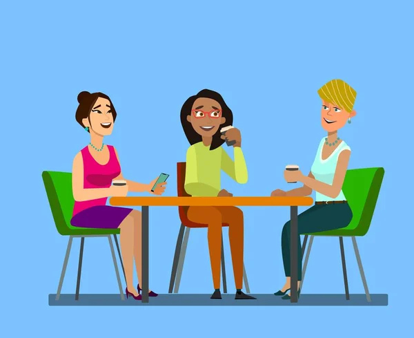 Drei Mädchen sitzen zusammen an einem Tisch und unterhalten sich zur Kaffeepause. — Stockvektor