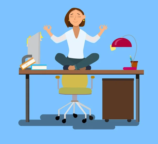 Geschäftsfrau meditiert in Lotus-Pose auf Bürostuhl im Bürozimmer. — Stockvektor