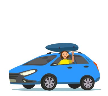 Woman driving Car with Luggage trunks suitcase on top. Travel or relocation, migration, trip concept. Vector illustration in cartoon style.