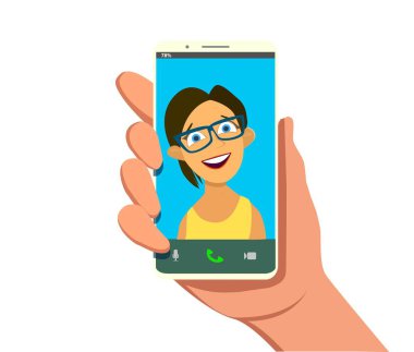 Young beautiful Smiling girl on display smartphone. Human hand holding mobile phone and looking at the screen. Chat, Video call, self portrait. Vector illustration in cartoon style.