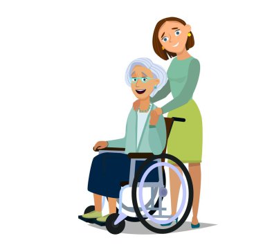 Kızıyla bir tekerlekli sandalye üzerinde oturan yaşlı kadın. . Yaşlı, hasta veya özürlü bakım kavramı... Vektör çizim karikatür tarzı.