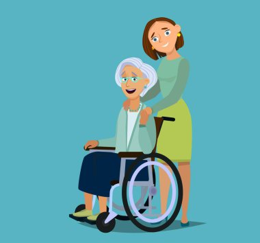 Kızıyla birlikte tekerlekli sandalyede oturan yaşlı bir kadın. Kadınlar yaşlı kadınları kucaklıyor. Sevgiyle. Aile ilişkisinden mutlu olmak. Yaşlılar, hastalar ya da engelliler için bakım kavramı..