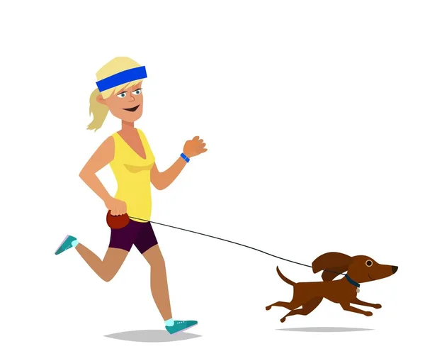 Girl with dog running. Sports and fitness jogging. Vector illustration